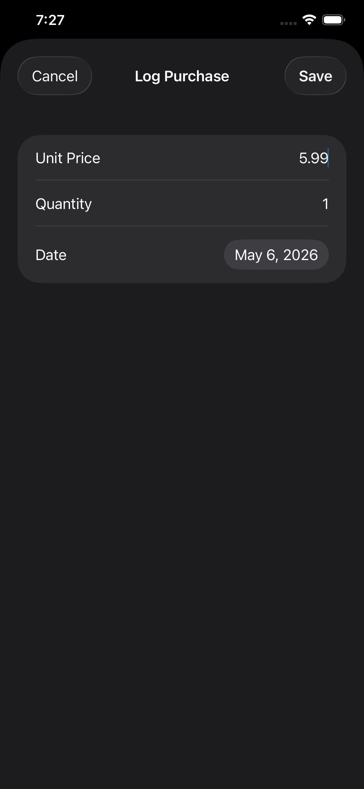 Replenish Log Purchase form with three fields: unit price 5.99, quantity 1, and date May 6, 2026